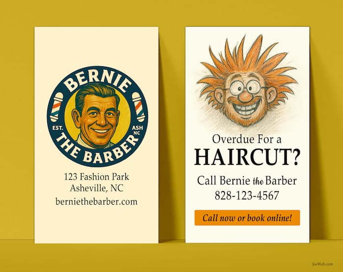 Front and back of business card that uses humor to attract attention and establish the brand's unique benefit: turning what could be an unpleasant task into an enjoyable experience.