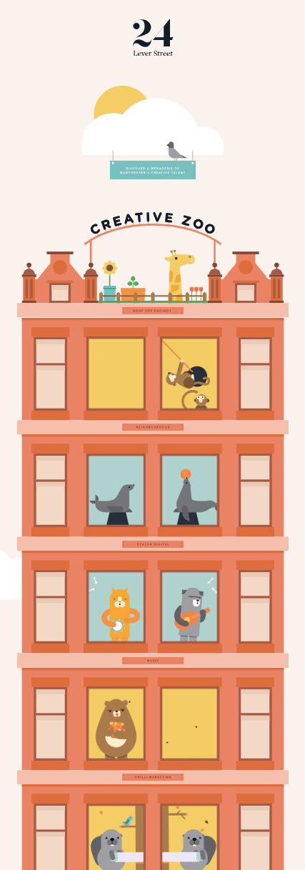 Illustrated building navigation design for the former 24 Lever Street creative agency website