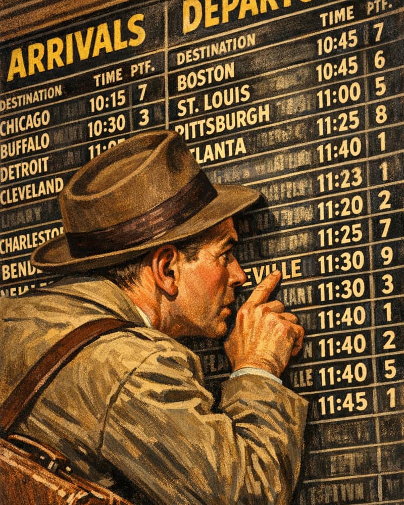 Traveler studying a crowded train station arrivals board, struggling to find a destination, illustrating how businesses get overlooked without SEO.