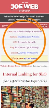 pic of main nav and breadcrumb links on mobile