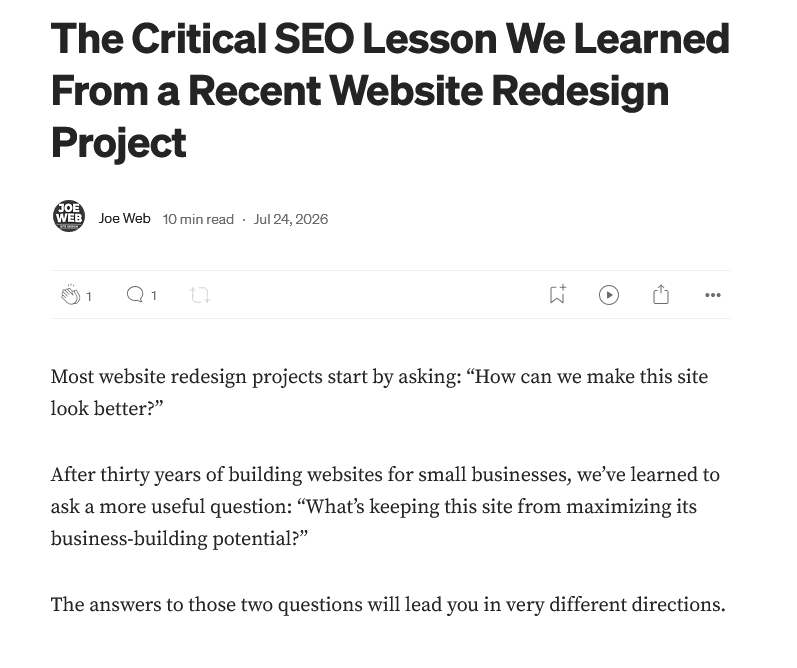 The opening of the website redesign article