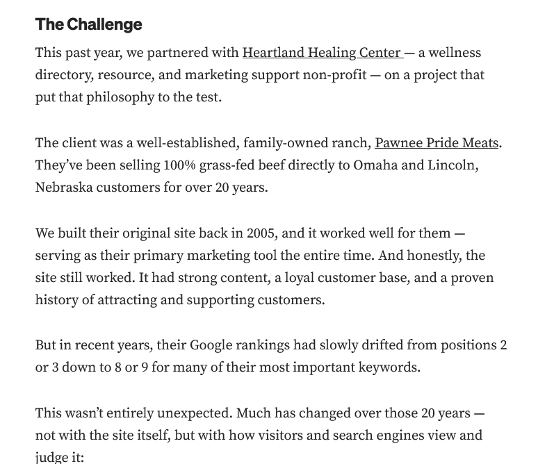 The Challenge section of the website redesign article
