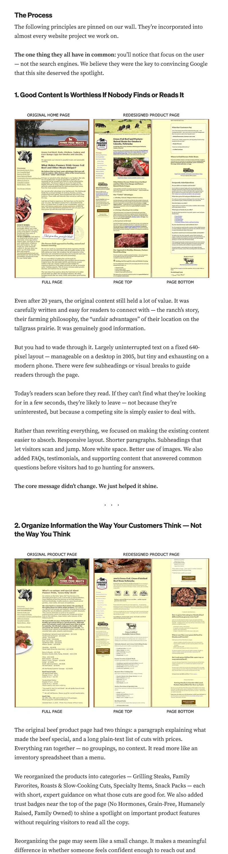 First portion of the Process section showing website redesign principles