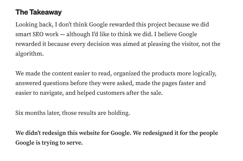 The Takeaway section ending with the statement that the website was redesigned for people rather than Google