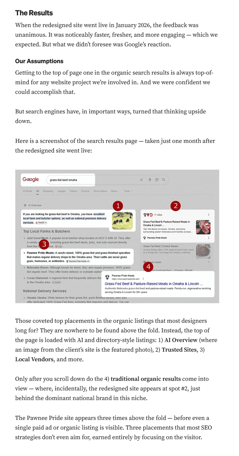 The Results section showing the redesigned website appearing three times above the fold in Google search results