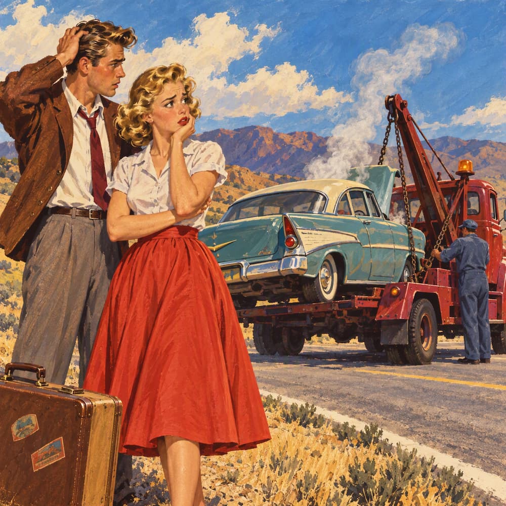 young couple's broken down car being towed
