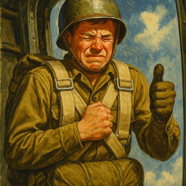 1970s illustration of a nervous paratrooper, about to make a jump. This sybolizing the common anxiety of completing wordpress updates.
