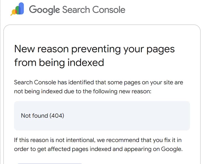 Screenshot example of a Google Search Console issues alert