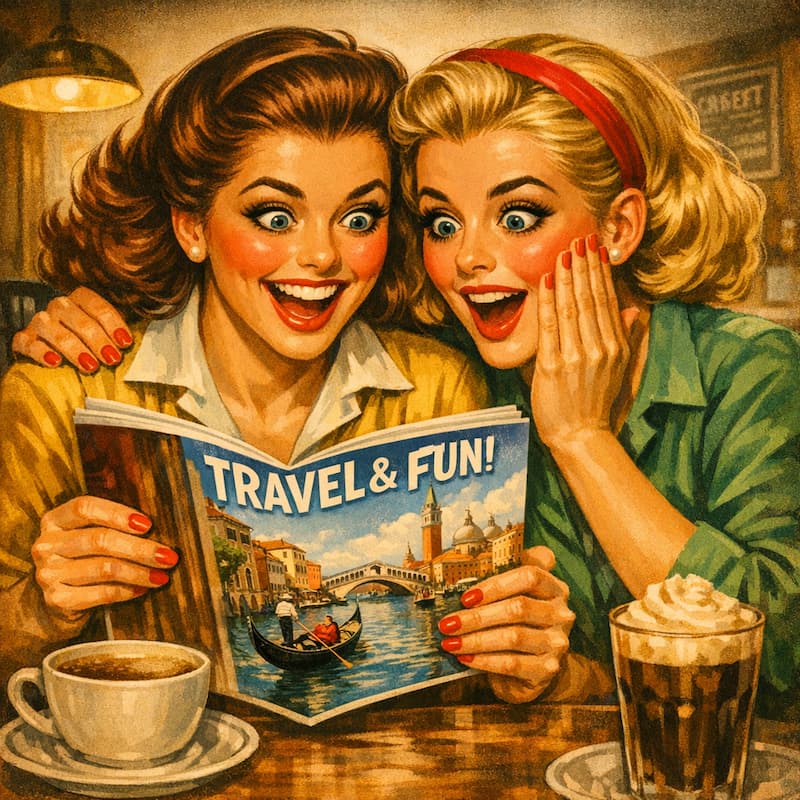 Two women sharing something interesting from a magazine in a coffee shop.